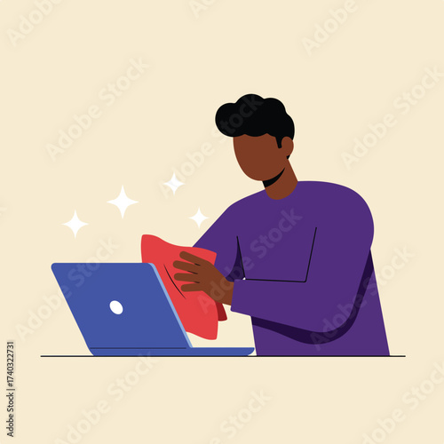 Person polishing a laptop with a cloth and sparkles