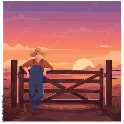 Farmer in overalls leans on a wooden gate at sunset with rolling hills