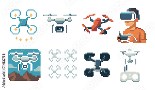 Pixel art drones and virtual reality headset on a black background
