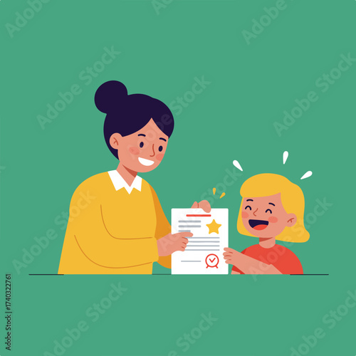 Happy girl receives certificate from woman