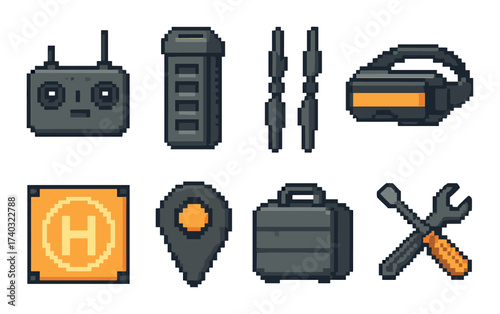 Pixel art drone accessories: remote, battery, propellers, goggles, tools, case, landing pad