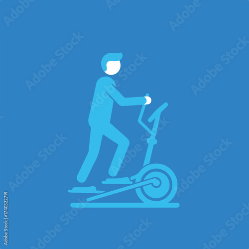 A minimalist depiction of a person on an elliptical machine, rendered in shades of blue on a solid blue background