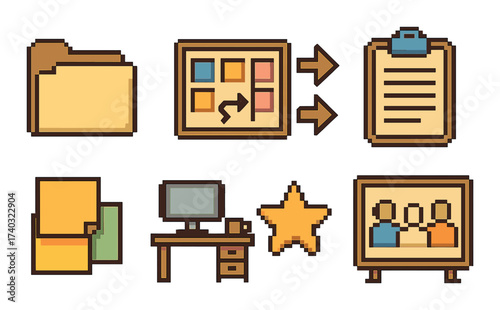 Retro pixel art icons of office folder and workflow management tools