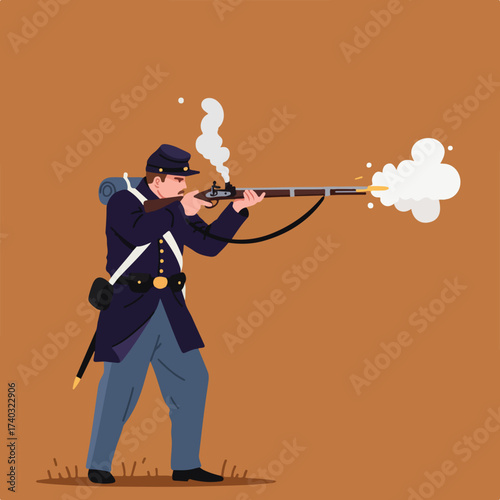 Soldier fires musket, smoke billows from barrel