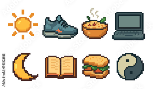 Pixel art icons: sun, shoe, food, laptop, moon, book, sandwich, yin yang