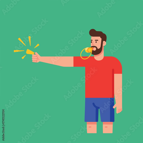 A bearded man in a red shirt and blue shorts blows a yellow whistle with sound waves