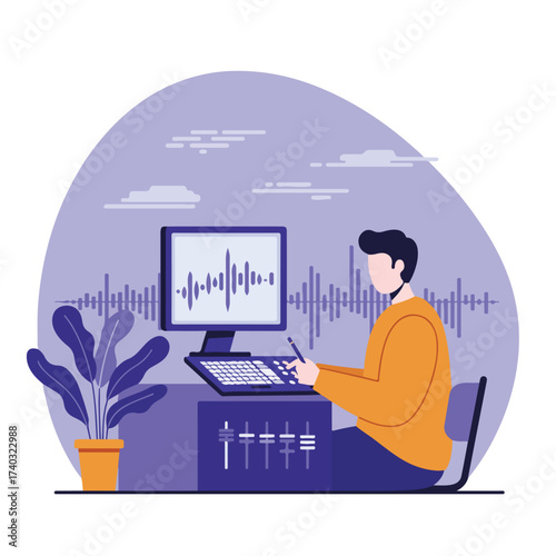 Person working at a computer with audio waveform displayed, mixer controls