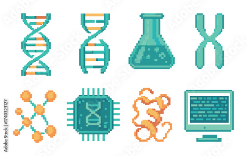 Futuristic digital dna and biotechnology icons in pixel art style