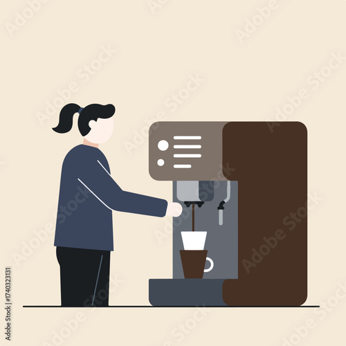 Minimalist illustration of a person using an automatic coffee maker to prepare a drink