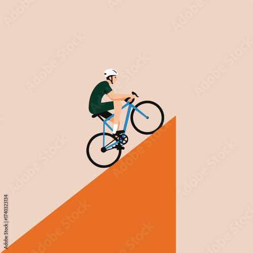 Cyclist in helmet rides blue bicycle up an orange incline