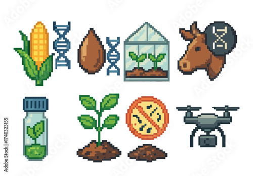 Pixel art icons of agricultural biotechnology and farming innovations