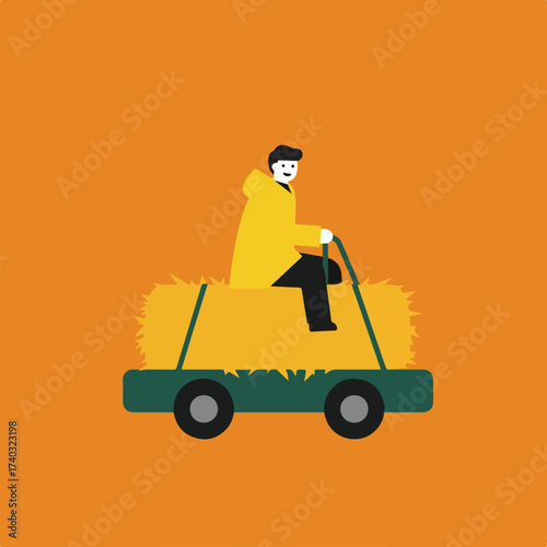 Person in yellow jacket rides hay cart on orange background