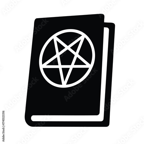 Vector art of a black book with a white pentagram symbol on its cover, representing occult or witchcraft