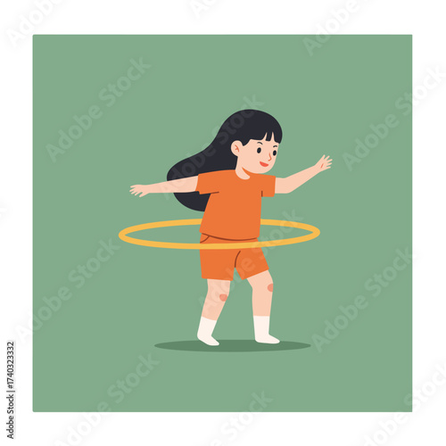 Young girl in orange plays with a hula hoop, moving with joy