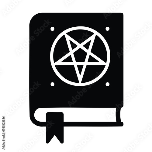 Vector art of a black icon of an open book with a pentagram symbol inside a circle on its pages, isolated on a, representing occult or witchcraft knowledge