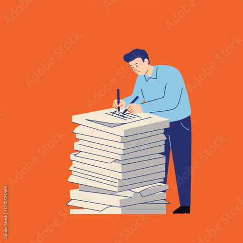 Man writing on a huge stack of papers with a pen