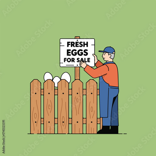 A vendor holds a sign advertising "Fresh Eggs For Sale" near a fence