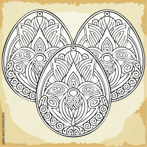 coloring book page floral-and-filigree easter-egg trio engraving for refined cards and boutique packaging