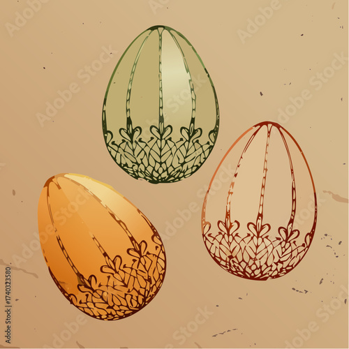 victorian cross-hatch floral-and-filigree easter-egg trio engraving for refined cards and boutique packaging