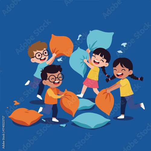 Children gleefully engaged in a pillow fight, surrounded by scattered cushions