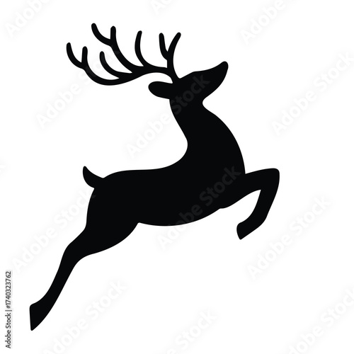 Vector art of silhouette of a reindeer with large antlers leaping gracefully, depicted in black against a