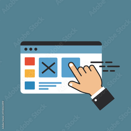 A hand clicks on a blue square in a digital interface, with a red and yellow square nearby