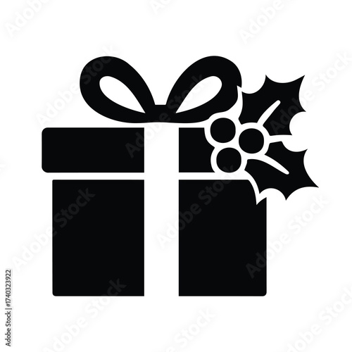Vector art of black silhouette of a gift box tied with a ribbon and decorated with a holly sprig, , symbolizing presents and holiday cheer