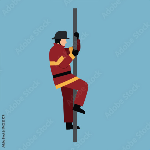 A figure in firefighter attire climbs a pole against a blue background
