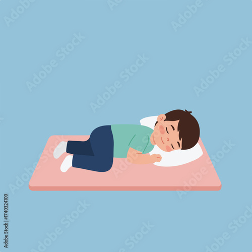 A stylized child sleeps peacefully on a pink mat with a white pillow