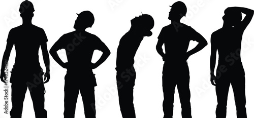 Silhouette of construction workers stretching, warming up, and exercising before work representing occupational safety, workplace health, ergonomics, injury prevention
