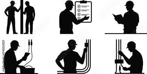 Silhouette of construction engineers and electricians checking plans, reviewing checklist, inspecting site, and installing electrical wiring, symbolizing construction process, project management