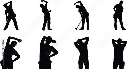 Silhouette of construction workers stretching and warming up before work representing occupational safety, injury prevention, workplace health, ergonomics