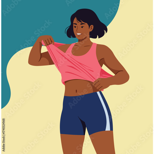 A smiling woman in athletic wear pulls up her pink tank top
