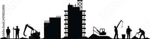 Silhouette of construction site with workers, engineers, cranes, excavators, and buildings under development representing civil engineering, real estate, architecture