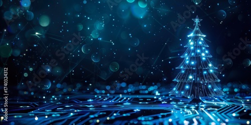 futuristic high tech illustration of glowing Christmas tree made of blue neon lights on dark digital circuit board background with bokeh lights, banner with copy space. fintech, IT business holidays.