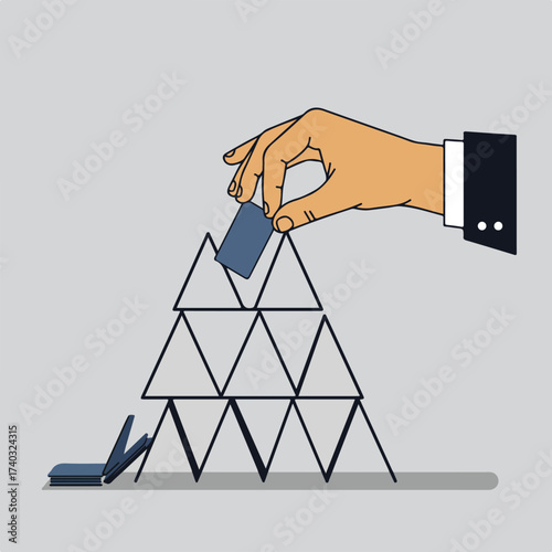 A hand in a suit carefully places a tile on a precarious tower of triangles