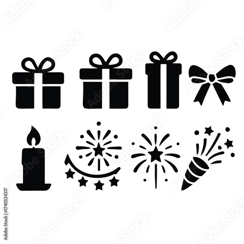 Vector art of assortment of black gift boxes with ribbons, a candle, and fireworks, including a party popper, , ideal for celebration and event graphic elements