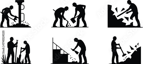 Silhouettes of construction workers breaking concrete, drilling, digging, and repairing with tools at building site, demolition work, manual labor force, renovation