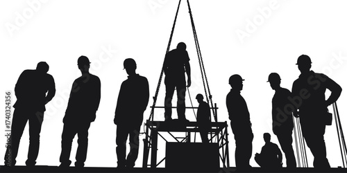 Silhouettes of construction workers standing on scaffold platform at building site, teamwork labor force, industrial workforce, safety group, engineering collaboration