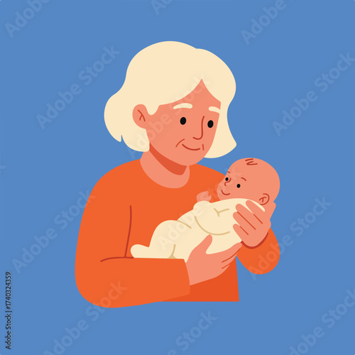 An elder person in orange shirt holds a swaddled infant on a blue background