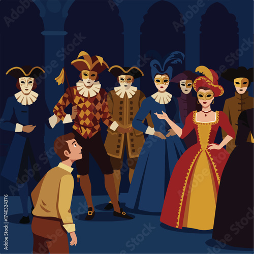People in ornate masks and costumes attend a dark, formal gathering with a central figure