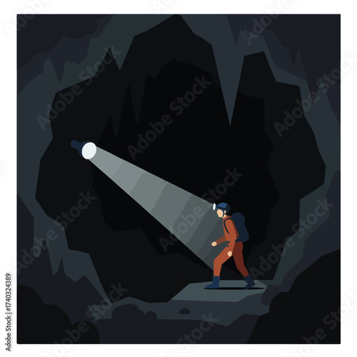 Explorer with headlamp illuminates dark cave passage