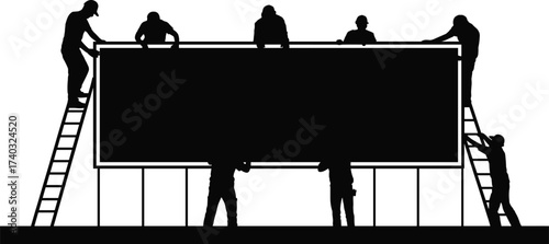 Silhouettes of workers installing billboard with ladders, teamwork construction scene, advertising setup, maintenance, repair, building site project, industrial labor force