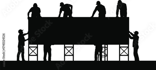Silhouettes of construction workers assembling billboard structure, teamwork labor force, industrial engineering project, building site effort, strength, maintenance, repair