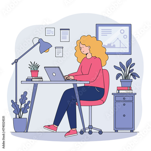 Young woman working at a desk with a laptop and plants in a home office