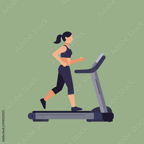 Flat illustration of a woman with ponytail running on a treadmill