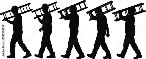 Silhouettes of construction workers carrying ladders, teamwork and labor concept, building site preparation, safety, repair, maintenance, industrial effort
