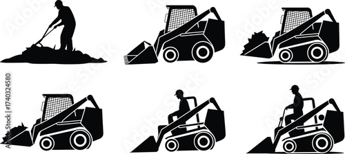 Silhouettes of construction worker and skid steer loader with operator, heavy machinery icon set, excavation, industrial job concept, strength, earthmoving, and construction engineering design