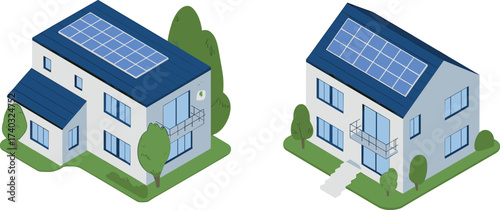 Modern eco homes with solar panels illustration, renewable energy smart houses for sustainable living, green power design, clean energy, and future architecture