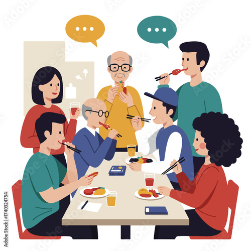 A diverse group enjoys a meal and conversation at a table